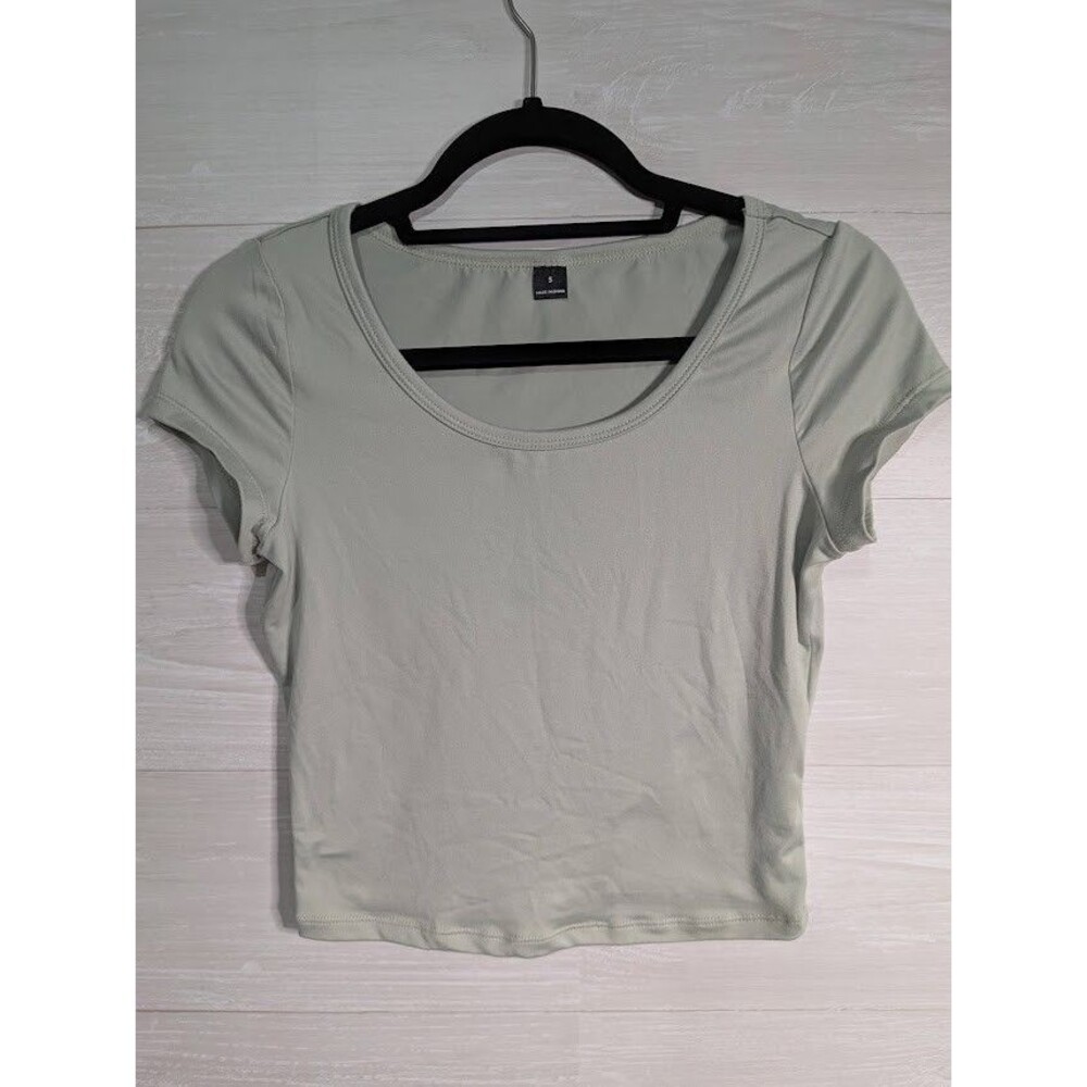 SHEIN Sage Green Baby Tee Scoop Neck Crop Top Short Sleeve Basic SMALL S